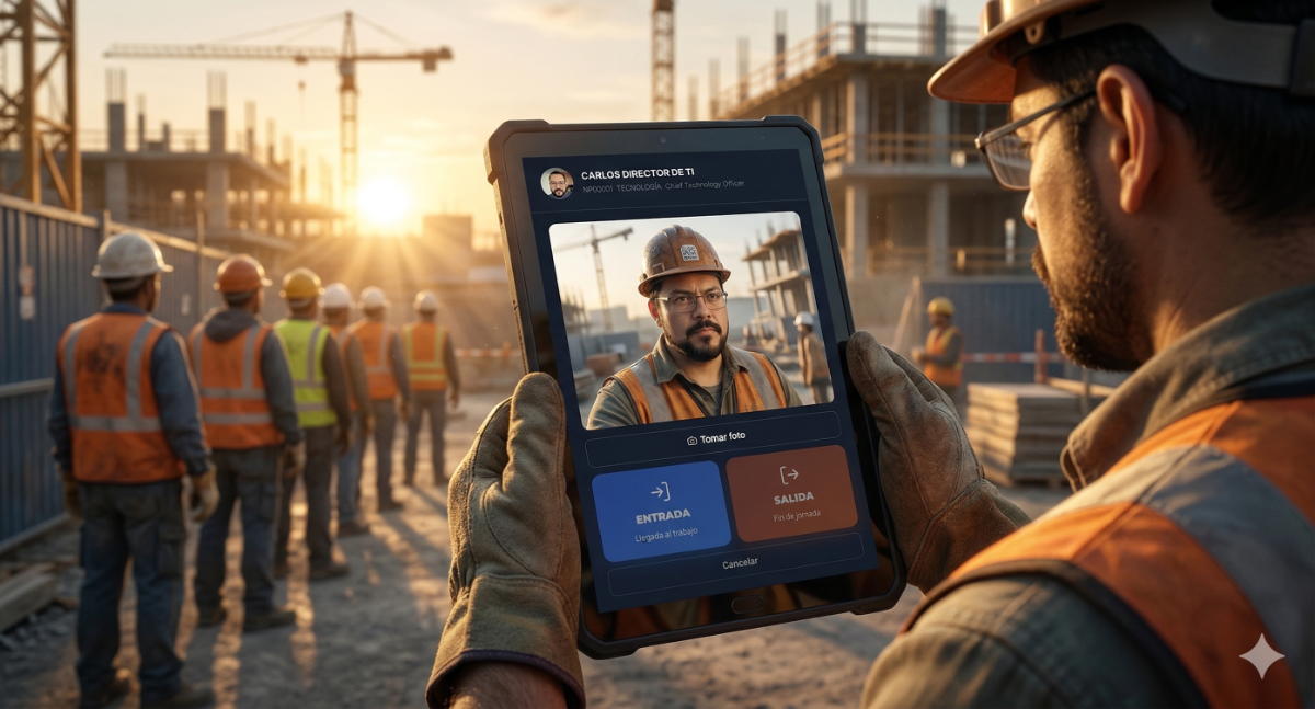 Trabajador registrando asistencia con foto en tablet