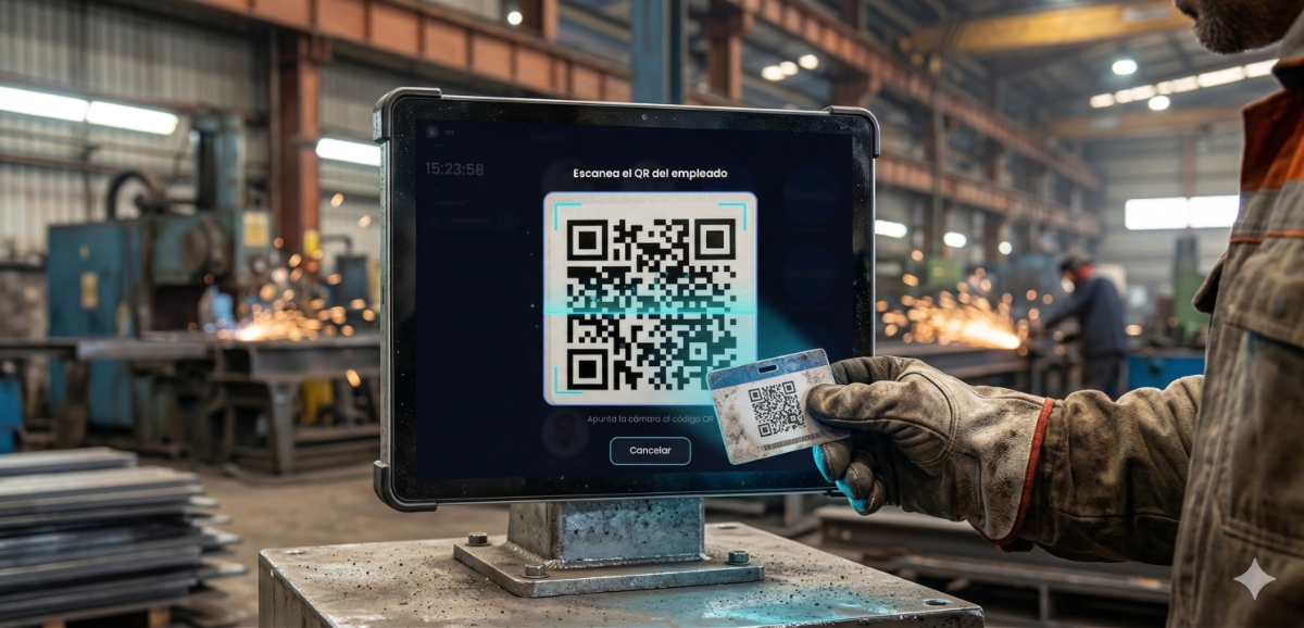 Empleado escaneando credencial QR en planta industrial
